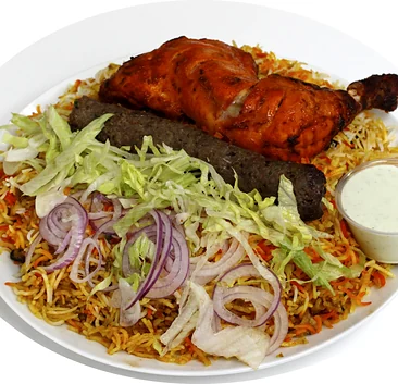 Biryani rice with tandoori chicken, seekh kabab, salad and raita