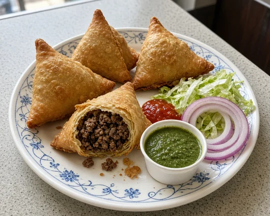 Golden triangular samosas, one cut open to show a spiced minced filling, with green chutney, red onion and lettuce
